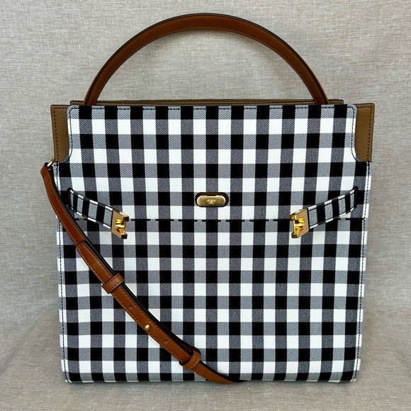 NWT Tory Burch Lee Radziwill Double Bag – Black/Ivory Gingham Canvas Satchel - Picture 12 of 15